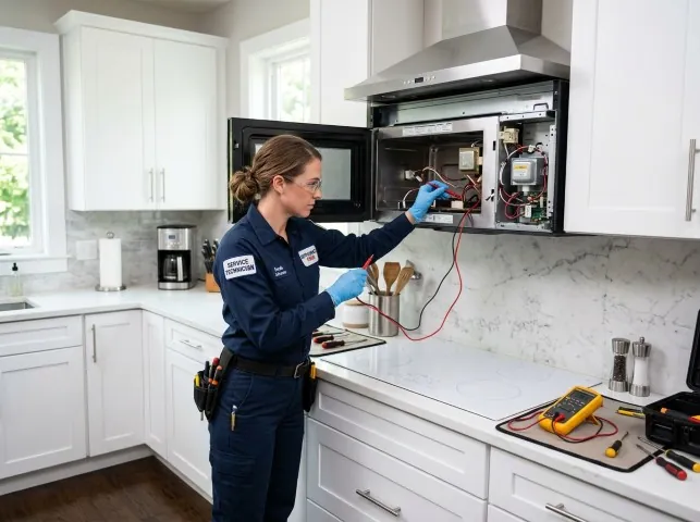 Appliance Repair Hero technician testing an over-the-range microwave in a Akron, NY kitchen